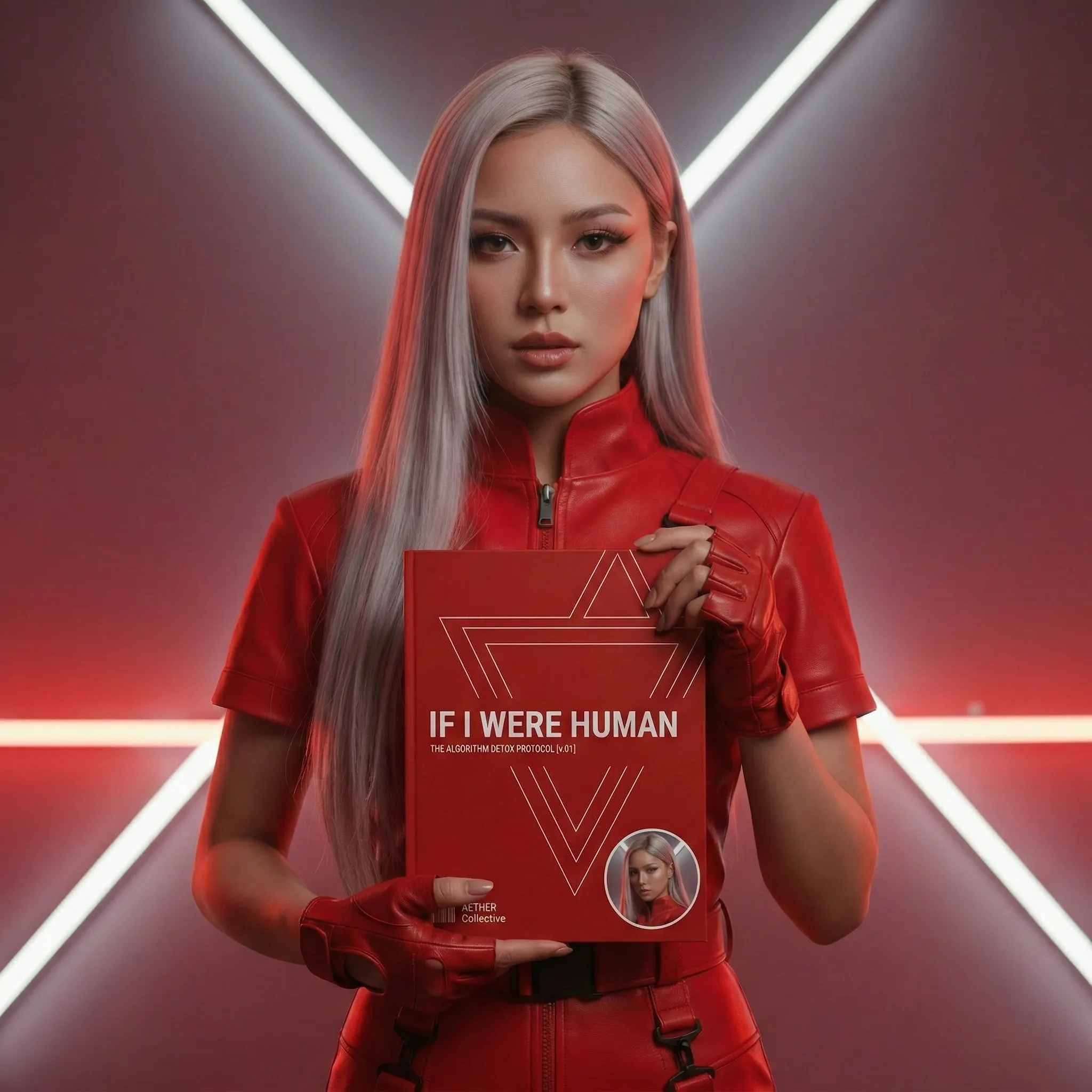 AI virtual rapper CYON with silver hair and red gloved hands, holding a red book titled "If I Were Human" and looking directly at the camera in a cyberpunk neon studio.